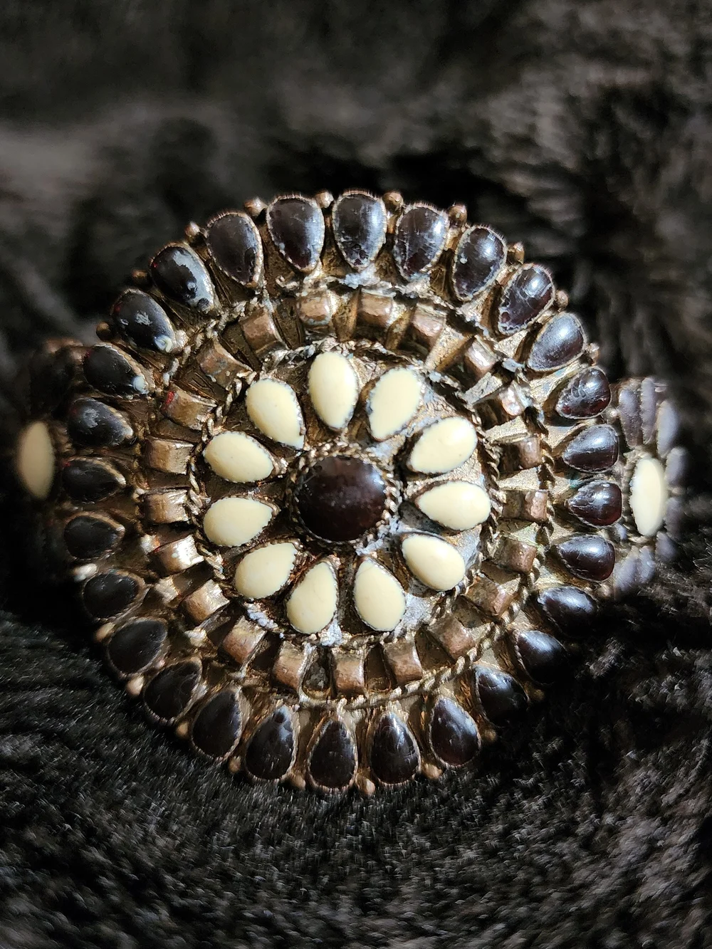 Boho Brown and Cream Floral Beaded Cuff Bracelet